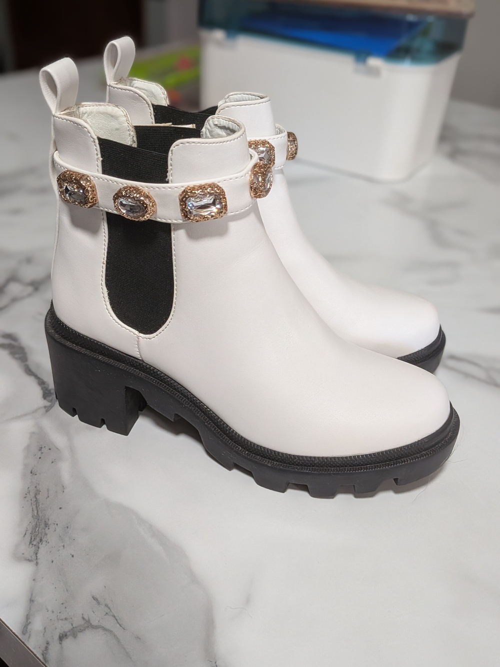 Steve Madden White Chelsea Booties with Jeweled Strap